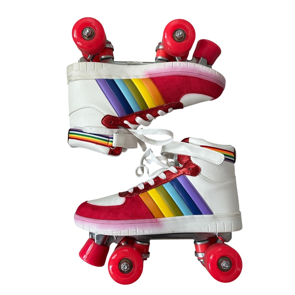 Cosmic Skates Miley-08 Rainbow Quad Roller Skates Womens 10 White Red High Top